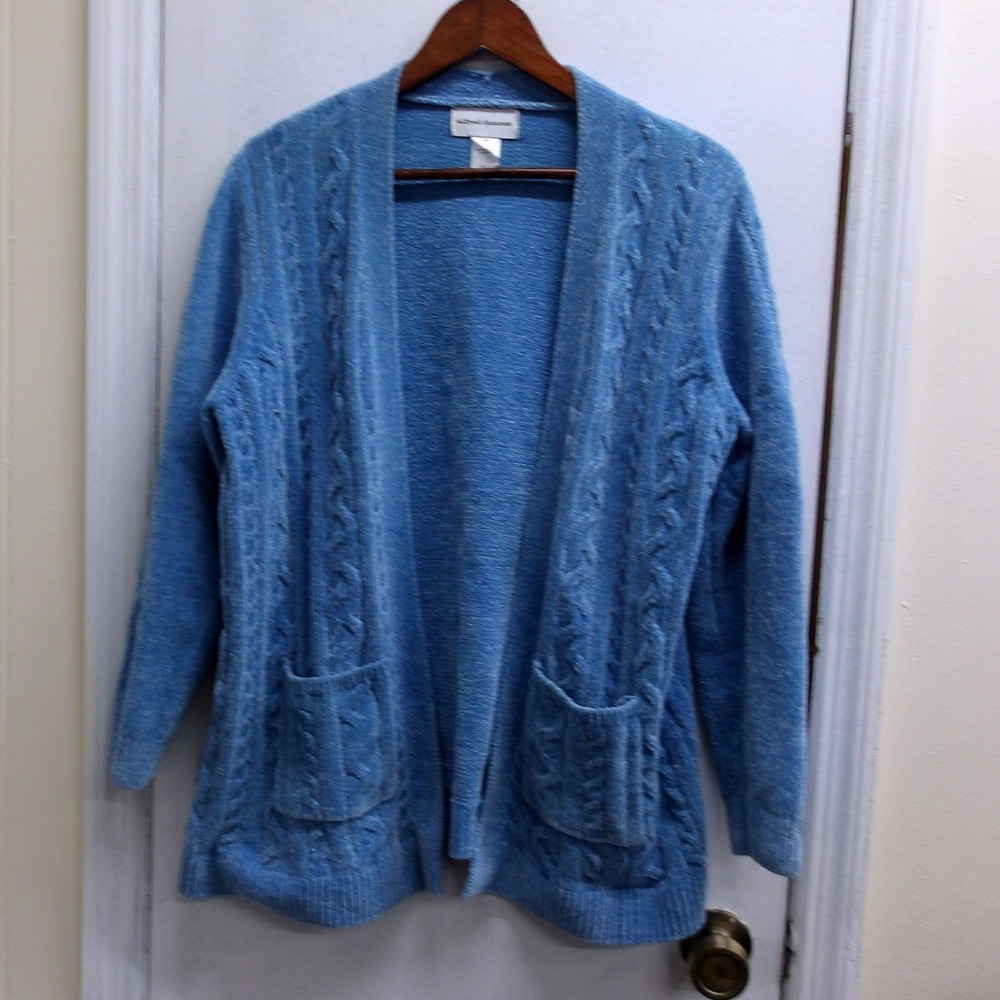 Alfred Dunner Women's Blue Cable‎ Knit Cardigan Sweater Pockets